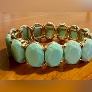 Mint Green Stretch Bracelet | Gold Tone Statement | Faceted Stone Look